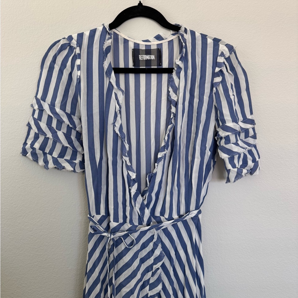 Reformation Blue and White Striped High-Low Wrap Dress